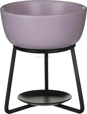 A lilac-colored ceramic bowl sits on a black metal stand with a black base.