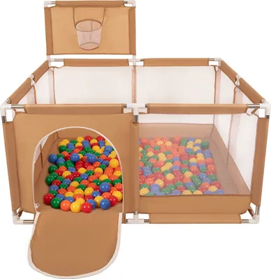 Produktbild von Selonis Laufstall Mit Korb Und 100 Bälle Laufgitter Für Kinder, Beige:Gelb/Grün/Blau/Rot/Orange