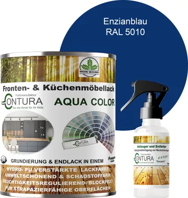 Produktbild von 750ml. + Anlauger - Contura Küchenmöbellack RAL Möbellack SEIDENMATT SET Möbelfarbe Holzlack Buntlack Küchenlack - RAL 5010 Enzianblau