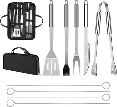 Produktbild von BBQ-Zubehör-Set – Grillutensilien aus Edelstahl – Für das Kochen im Freien – 9-teiliges Set – 38,5 cm – Silber