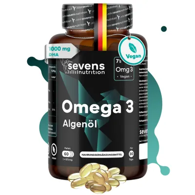Produktbild von Omega 3 Algenöl Kapseln vegan mit DHA 1000 mg 60 Kapseln – Sevens