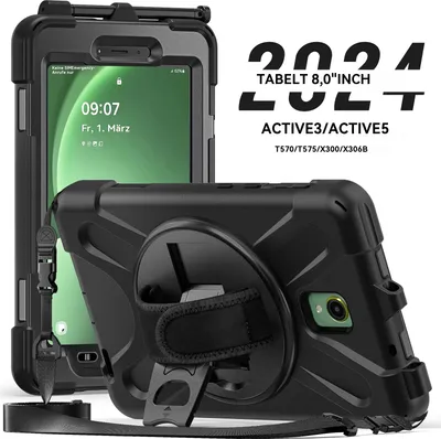 A black protective case for a tablet is shown, with a tablet inside the case in the background. Text overlays provide product details.