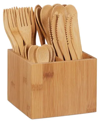 Produktbild von Relaxdays Bambus Besteck Set, je 10 x Messer, Gabel, Löffel & Teelöffel, Besteckhalter, wiederverwendbar, 41-tlg., natur