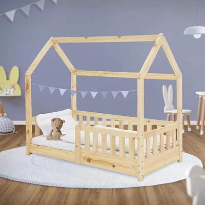 Produktbild von Kinderbett 70x140 cm mit Rausfallschutz, Dach und Lattenrost, Natur, Massivholz Kinder Bett, Hausbett für Mädchen/Jungen, Bettenhaus aus massivem Kiefernholz, Bodenbett Jugendbett Kinderhaus