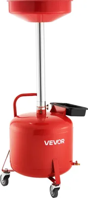 A red oil drain pan with a funnel and adjustable height stand, on wheels.