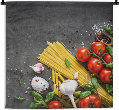 Produktbild von MuchoWow® Wandteppich Wandbehang Nudeln - Kräuter - Tomate - Gewürze - Rustikal 120x120 cm Tapisserie Dekoration Wandtuch - Modern - Baumwollgewebe