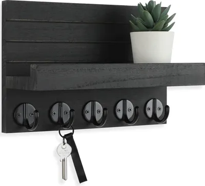 Produktbild von Schlüsselhalter für die Wand, dekorativer Schlüssel- und Posthalter mit Ablage und großen Haken für Taschen, Mäntel, Regenschirme – Schlüsselhalter aus Paulownia-Holz mit Befestigungsmaterial (25,9 cm B x 17 cm H x 10,7 cm T)