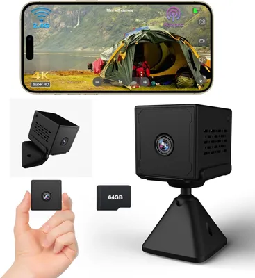 Obrázok produktu pre Mini kamera 4K HD, bezdrôtová, s Wi-Fi, s nočným videním a 64GB pamäťovou kartou, čierna