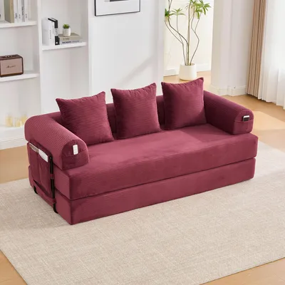 Image de MODFU Canapé Convertible - Canapé Lit Pliant Modulable Avec 3 Coussins et Poche Latérale, Velours Côtelé, 200x94x67 cm, Bourgogne