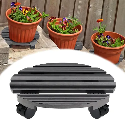 Image de JOIEYOU Rouleau pour plantes Rond 2X Planche à roulettes Plantes WPC Rouleau pour fleurs 30cm Soucoupe pour pot de fleurs avec roulettes Extérieur MAX. 100KG, Gris foncé