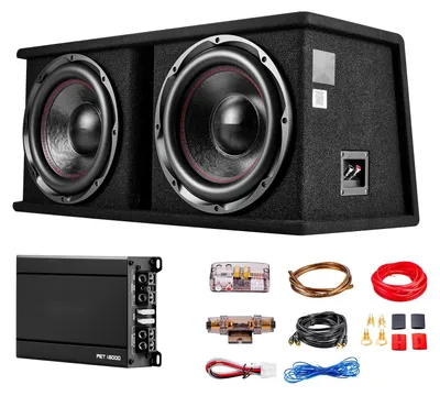 Zdjęcie produktu dla Kompletny zestaw subwooferów samochodowych – podwójny subwoofer w obudowie – 2 x 30,5 cm – 1200 W RMS – zewnętrzny wzmacniacz – zestaw kabli w zestawie