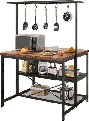 Image de Îlot de cuisine - Étagère de cuisine avec plan de travail - Étagère à micro-ondes à 3 niveaux - Rangement et bar - Bois - Marron vintage