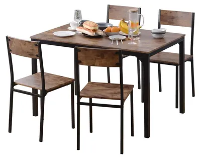 Image de Ensemble table et chaises pour 4 personnes, comprenant une table de cuisine de 108 cm et 4 chaises, de couleur marron vintage