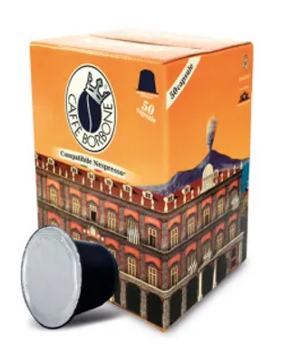 A box of coffee capsules and one capsule in front of the box.