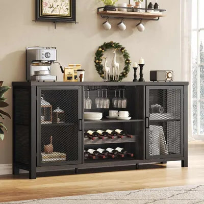 Image de Buffet avec espace de rangement, armoire de cuisine de style industriel, meuble bar, gris foncé, 140 cm