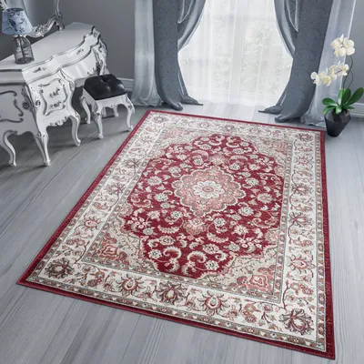 Produktbild von Teppich Wohnzimmer Schlafzimmer Kurzflor Design Klassisch Creme Rot Meliert  80 x 150 cm