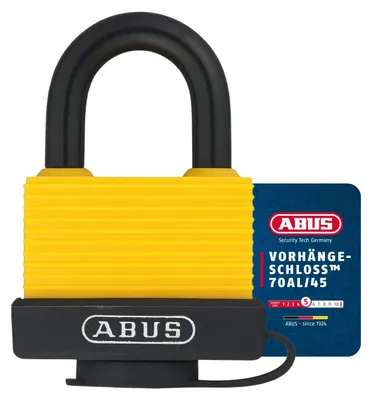 Produktbild von ABUS Vorhängeschloss 70AL/45 aus massivem Aluminium - wetterfest - mit Schutzkappe und Kunststoffummantelung - ABUS-Sicherheitslevel 5 - Gelb