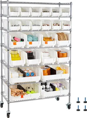 Produktbild von Lagerregal mit Boxen - Werkstattregal - 7 Ebenen - 24 Stapelboxen - Mit Rollen - Maße 35,5 x 90 x 148 cm