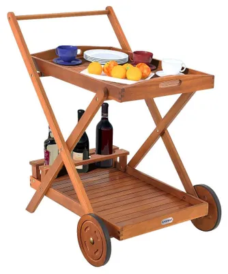 Image de Chariot de service à roulettes, en bois d'acacia, à 2 niveaux