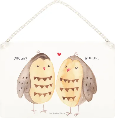 Produktbild von Mr. & Mrs. Panda Schild Eulen Liebe DIN A5 - Weiß - Geschenk, wandtafel, holzbild, glücklich, Verliebt, Eule, Türschild, Holzschild, Wandbild Holz