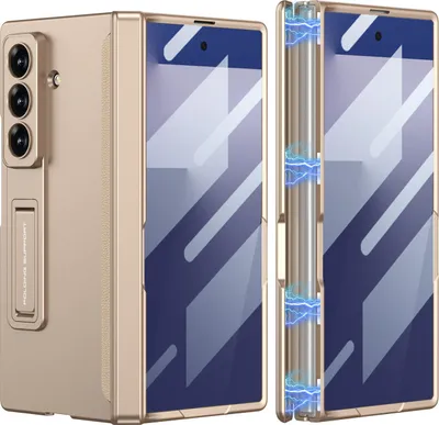 Image de Etui pour Samsung Galaxy Z Fold 7, protection magnétique de la charnière, housse complète avec protection de l'écran et support Or