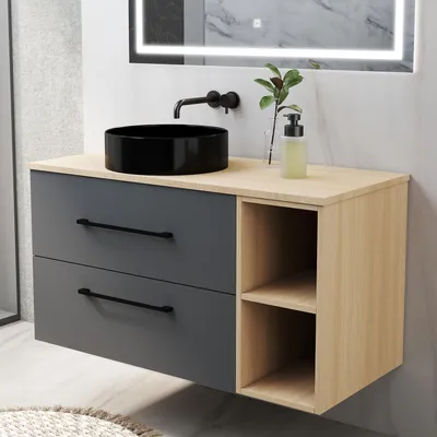 Produktbild von Waschtisch mit Unterschrank GHENT 100cm Dunklegrau Aufsatzwaschbecken Schwarz Waschbecken mit Unterschrank Badmöbel Set MDF Softclose