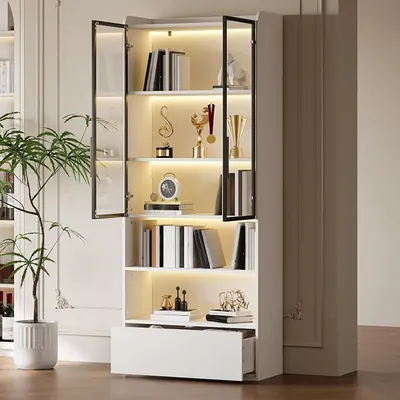 Image de Meuble multifonctionnel avec vitrines en verre et éclairage LED, étagères, meuble vitrine avec tiroirs et étagères ouvertes, meuble haut avec portes en verre, blanc, 80x34x180 cm