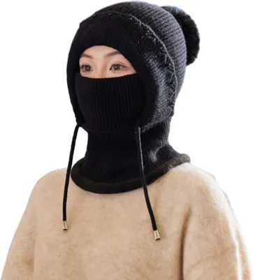 Produktbild von Winddichte Damen-Strickmütze mit Fleecefutter, 3-in-1-Kapuzenschal, Kopfbedeckung für kaltes Wetter, Skifahren, Wandern