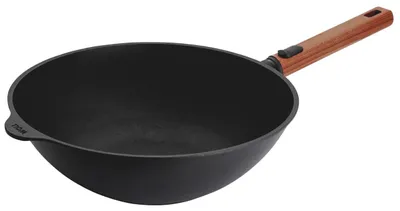 Zdjęcie produktu dla Wok żeliwny Woll Eco Logic QXR: zdejmowana drewniana rączka, Ø 30 cm, wysokość 10 cm, wszystkie rodzaje płyt, w tym indukcyjne