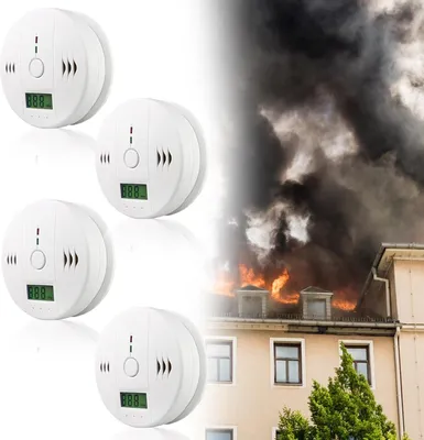Zdjęcie produktu dla Zestaw 4 czujników Aopunly CO Alarm – białe czujniki dymu i tlenku węgla z sygnałem ostrzegawczym LED o natężeniu 85 dB