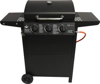 A black gas grill is shown against a white background.