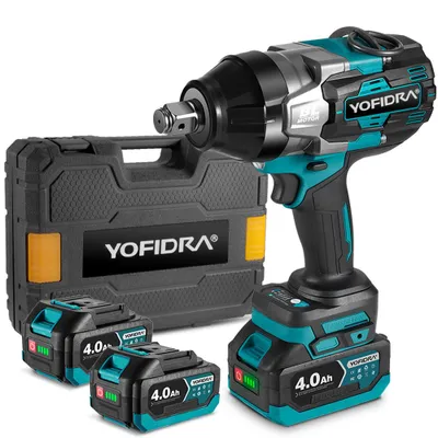 A cordless impact wrench kit with two batteries and a carrying case.