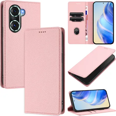 Produktbild von Litchi Leder Handyhülle für Honor 60 Pro Wallet Kartenfächer Standfunktion Hülle Pink
