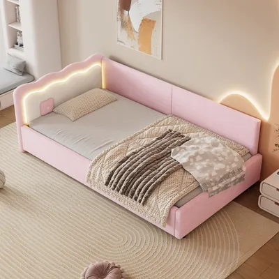 Obrázek produktu pro MODFU Rozkládací postel 90x200cm s LED ambientním osvětlením a dálkovým ovládáním, Čalouněná postel Daybed, Dětská postel, Postel pro mládež, Růžová (Bez matrace)