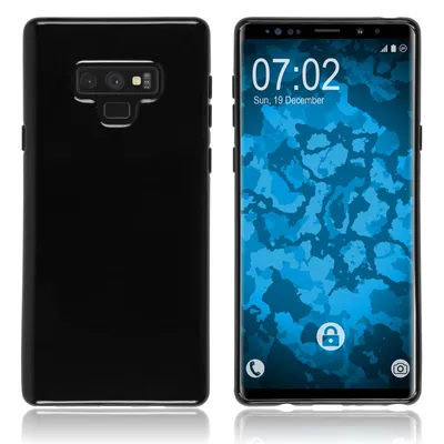 A black smartphone case is shown from the back and front, with the front displaying the phone's screen.