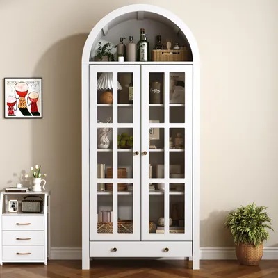 Produktbild von Flieks bogenförmiger Standhochschrank mit mehreren Regalebenen & Schublade, Hochschränke mit höhenverstellbaren Einlegeböden, Sideboard, Weiß
