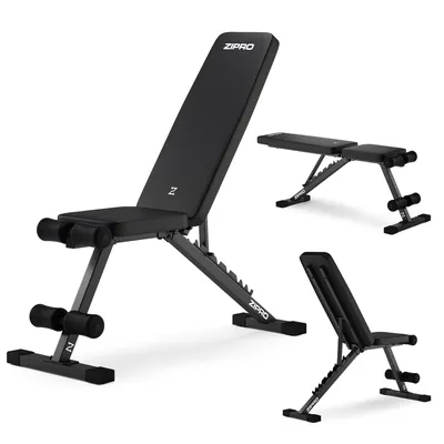A collage of three images showing a black adjustable weight bench from different angles.
