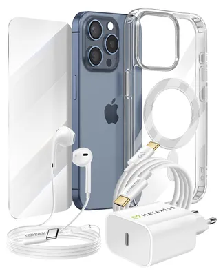 Obrázek produktu pro Mayaxess, základní sada pro iPhone 15 Pro Max: pouzdro, ochranné sklo, nabíječky, sluchátka, průhledná