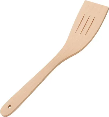Produktbild von Holzspatel, durchbrochen, gebogen, breit, 31 cm | Küchenspatel aus Holz | Perforierter Holzspatel | Frittierzubehör