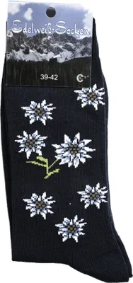 Produktbild von Uni Trachtensocken  Edelweiß-Socken Blütenmuster Kurze socken, Größe:35-38, Farbe:Schwarz