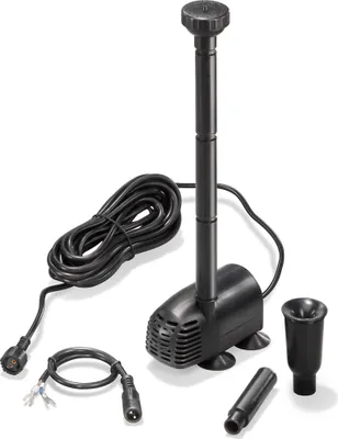 A black submersible water pump with a telescopic fountain nozzle and a coiled power cord is displayed against a white background.