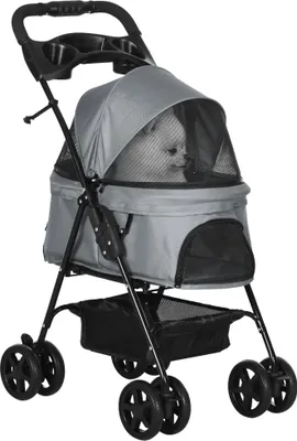 Produktbild von Hundebuggy Hundewagen bis 4 kg Klappbar Netzfenster Bodenkorb Becherhalter abnehmbares Dach grau 67 x 45 x 96 cm