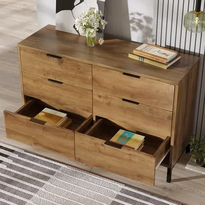 Produktbild von okwish Kommode 120 x 40 x 76 cm, Aufbewahrungsschrank, Sideboard mit 6 Schubladen, dekorativer Schrank für Schlafzimmer und alle Wohnzimmer, dunkle Eiche