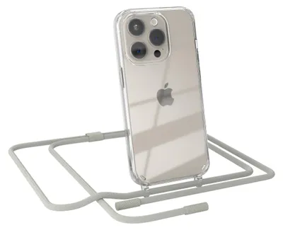 A clear iPhone case with a beige lanyard is shown against a white background.