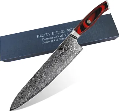 Zdjęcie produktu dla Nóż szefa kuchni damasceński z czerwoną rączką, ostrze 25 cm, 67-warstwowa stal damasceńska z pudełkiem prezentowym firmy WOLFCUT