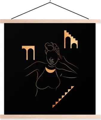 Produktbild von MuchoWow® Textilposter Frau - Gold - Schwarz - Strichzeichnung 120x120 cm mit holzfarbenen Rahmen - Textil-Poster