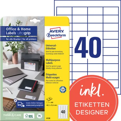 Produktbild von Avery Zweckform 6126 Etiketten, Home Office, Kleinpackung, A4 mit ultragrip,  Adressaufkleber 48,5 x 25,4 mm, weiß