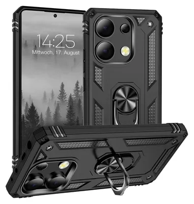 A black phone case with a ring holder is displayed from multiple angles.