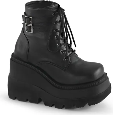 A single black platform boot shown from a three-quarter front angle against a white background.