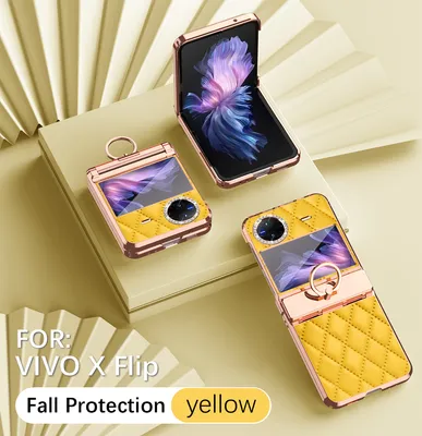 Produktbild von Leder Hülle für Vivo X Flip mit Ringhalterung, Luxus Glitzer Bling Überzug Scharnierschutz Handyhülle Gelb